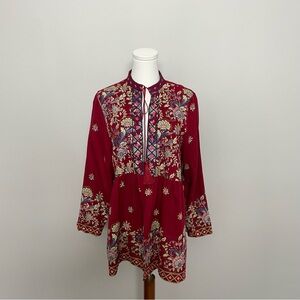 Yellow Top Tunic Floral Embroidered Mandarin Collar Ethnic Asian Art To Wear Red